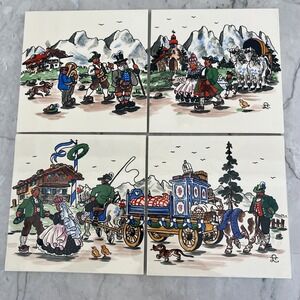 Vintage Handpainted tiles of scenes from Germany - set of 4 tiles - 2 scenes